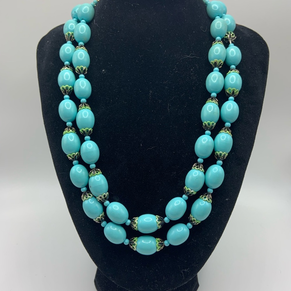 VTG Japan Double Strand Beaded Green Enamel Necklace
